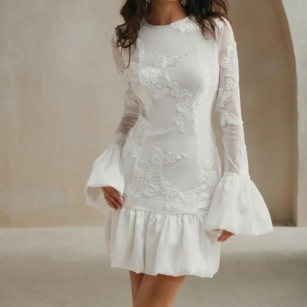White Elegant Women's French Embroidered Fitted Floral Midi Dress - Picture 7 of 7